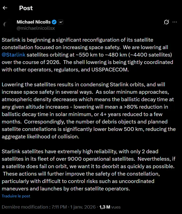 Capture d’écran du message publié par Michael Nicolls, vice-président ingénierie de Starlink, annonçant la reconfiguration orbitale de 4 400 satellites pour renforcer la sécurité spatiale.